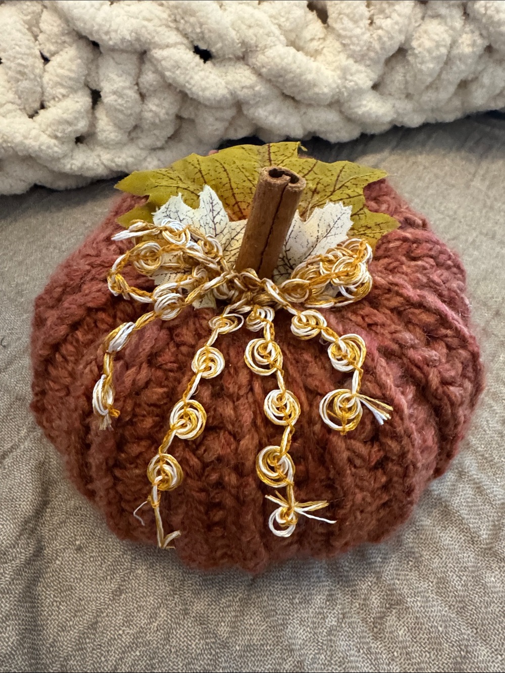 Handmade Rust Knit Pumpkin Home Art Accent with Gold Trim